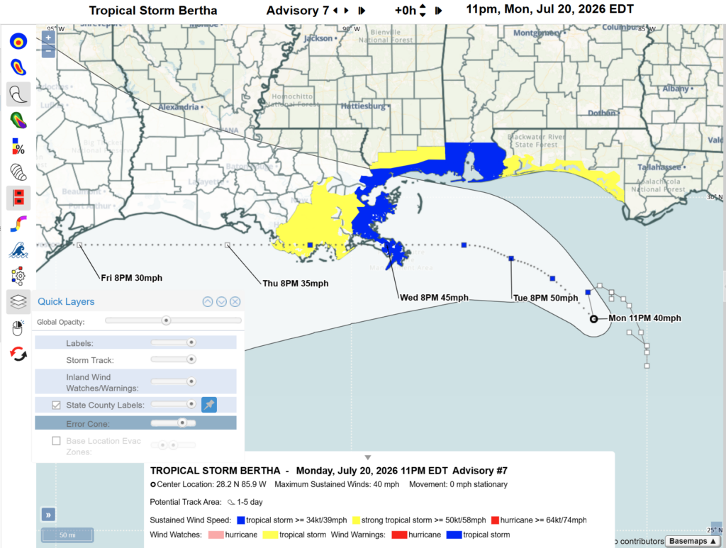 Screen capture of HURREVAC window with Tropical Storm Bertha plotted in the Gulf. The Quick Layers window is open, showing adjustments to the display order and opacity slider for the inland watch and warning layer. The watches and warnings are shown along the Gulf Coast in blue and yellow colors.